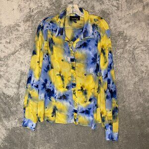 Women Sheer Chiffon Floral Watercolor Pastel Ruffle Long Sleeve Button Shirt 22W